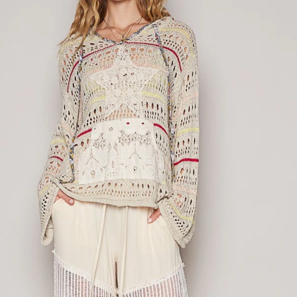 POL Open Knit Crochet Hooded Star Floral Stripe Sweater size medium